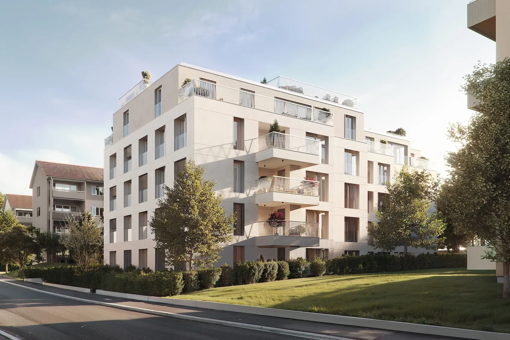 Langgrütstrasse — bočna fasada sa zelenilom za privatnost